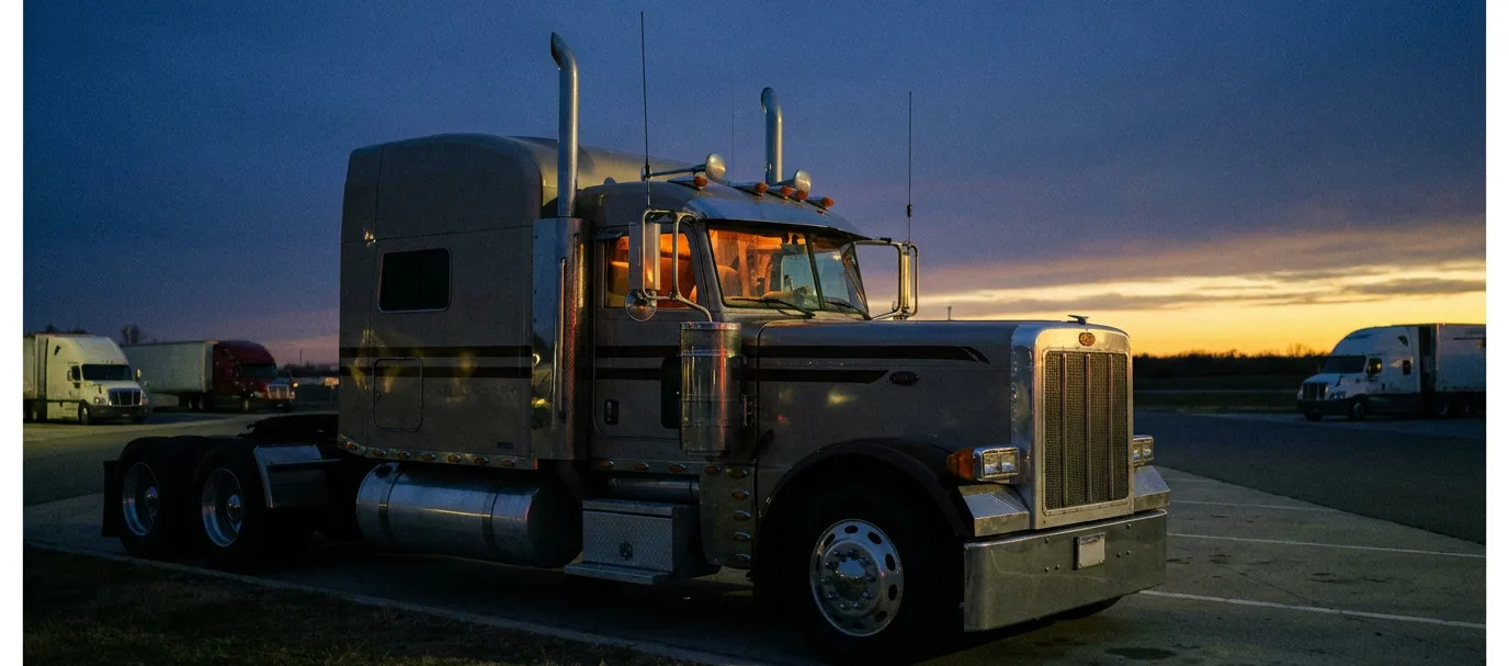 A semi truck on an open highway at dusk, chrome grille catching the last amber light, sleeper cab behind the cab